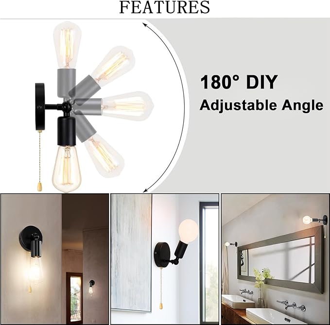 2-Pack Pull Chain Wall Sconce Adjustable, Hardwired Wall Light Fixtures with Switch Indoor E26 Small Black Sconces with Pull Switch for Kitchen Bedroom Hallway, No Bulb