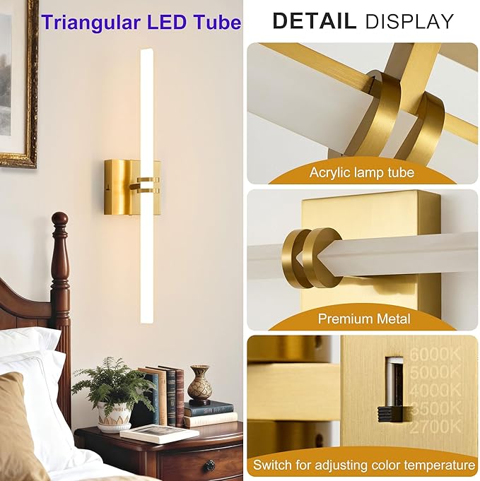 Bathroom Light Fixtures,Gold 18W LED 360° Full Lighting Modern Wall Sconce Vanity Ligh with 5-Color Dimmable 3000K-6000K, 22.05inch Vanity Lighting for Bath, Powder Room, Bedroom, Hallway