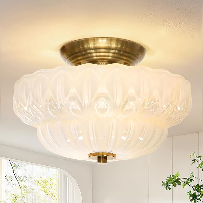 Semi Flush Mount Ceiling Light,11IN Vintage Gold Hallway Lights Fixture,3-Bulb Globe Milk Glass Close to Ceiling Light for Bathroom, Hallway, Dining Room,Bulb Not Included