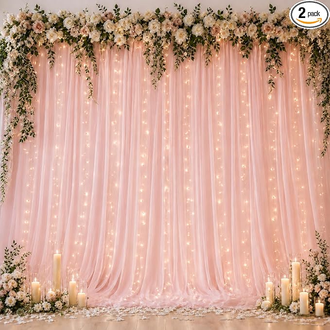 Ledido 10×8ft Pink Tulle Backdrop Curtains with Lights String - 300LED Fairy Lights Sheer Curtain Backdrop for Wedding Baby Shower Photo Shoot Birthday Party Decoration(2 Panels 5×8ft)，Pink