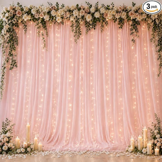Ledido 3 Pack 10×10ft Pink Tulle Backdrop Curtains with Lights String - 900LED Fairy Lights Sheer Curtain Backdrop for Wedding Baby Shower Photo Shoot Birthday Party Decoration(6 Panels 5×10ft)，Pink