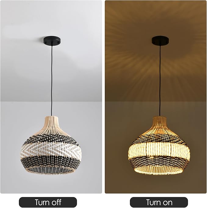 3-Light Rattan Pendant Light,15" Hand-Woven Black White Boho Basket Wicker Chandelier Faux Rattan Hanging Light,for Living Room Bedroom Kitchen Dining Hallway Farmhouse