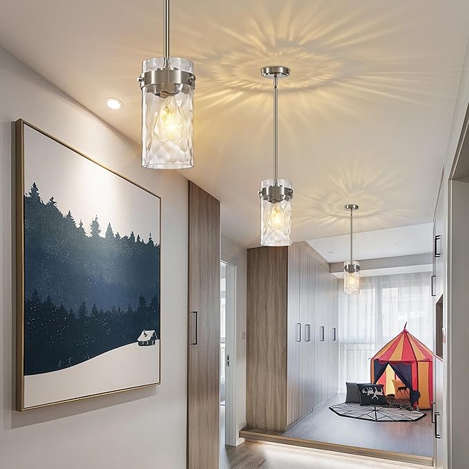4.72" Hammered Glass Pendant Lighting for Kitchen Island 1 Pack, Modern Brushed Nickel Pendant Light Fixtures, Adjustable Ceiling Pendant Light for Kitchen Island Dining Room Bedroom Hallway