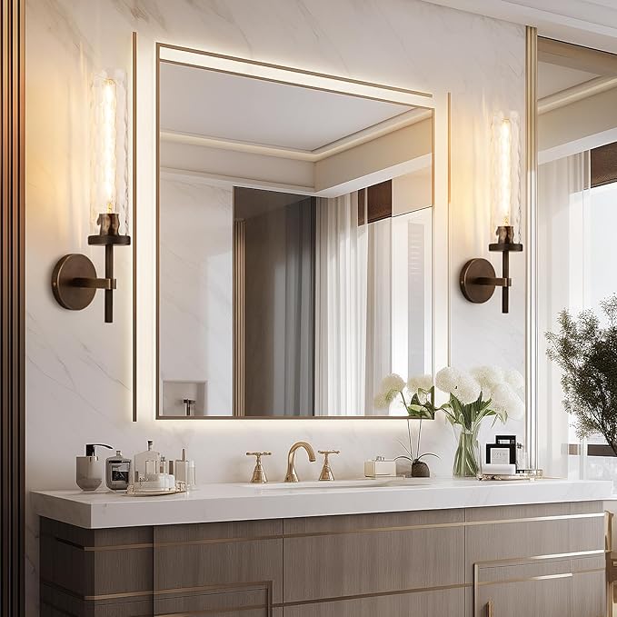19.5" Knurled Brass Wall Sconces Set of 2, Bronze Bathroom Vanity Light Fixtures with Water Ripples Glass Tube, Modern Lamp Lighting for Bedroom, Living Room, Hallway, Staircase, Mirror, Kitchen