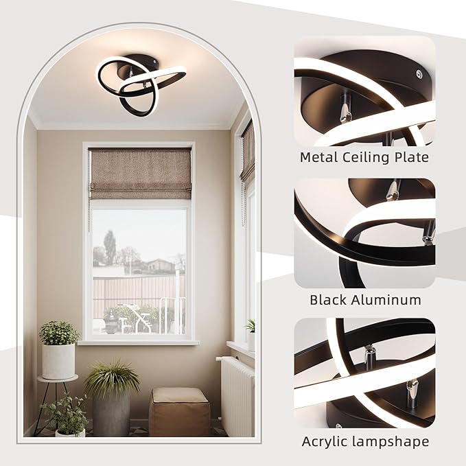 CANEOE Black Hallway Ceiling Light Fixtures 24W Dimmable LED Ceiling Light with Remote Control Modern Flush Mount Ceiling Lights for Bedroom Bathroom Kitchen Balcony Stair Aisle Ceiling Lamp