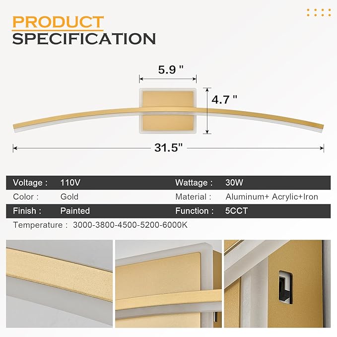 Benkut Modern LED Wall Sconce Gold LED Bathroom Light Fixtures Over Mirror Wall Lighting for Bathroom, Dimmable Long Vanity Light for Bathroom Living Dining Room(5CCT 31.5Inch)