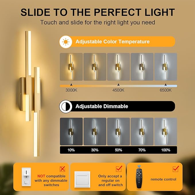 Benkut Modern LED Wall Sconce Gold Remote Wall Light Fixtures for Bathroom, Dimmable Vanity Light Indoor LED Remote Wall Sconce for Bedside Bedroom Living Dining Room (27.6inch 3000-6500K 1 Pack)