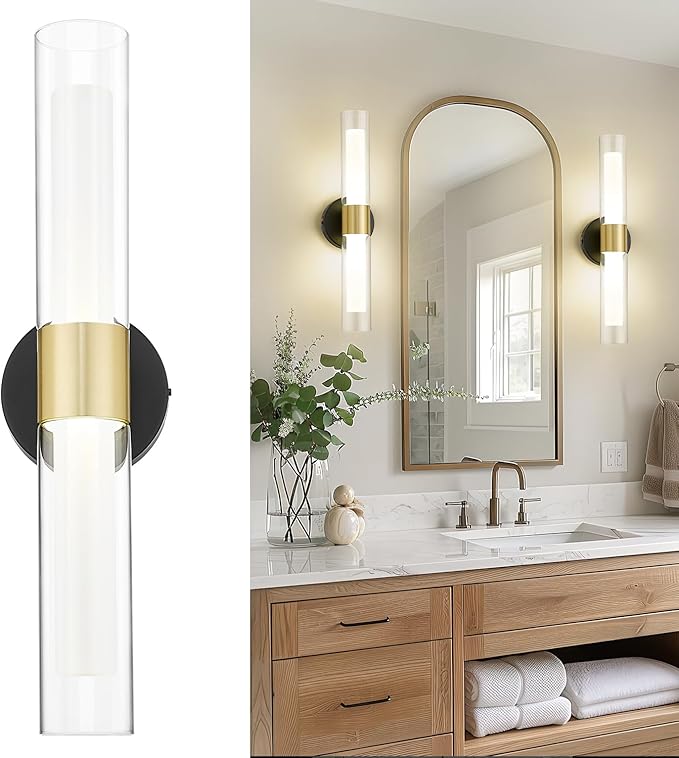 kudos Black and Gold Bathroom Sconces Wall Lighting, Bathroom Vanity Light, Modern Wall Lights with Clear Glass and Frosted Glass for Bathroom Bedroom Hallway, KDVL06-BG-2