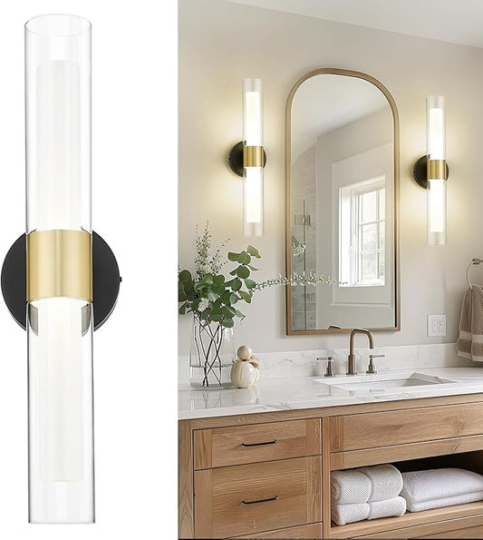 kudos Black and Gold Bathroom Sconces Wall Lighting, Bathroom Vanity Light, Modern Wall Lights with Clear Glass and Frosted Glass for Bathroom Bedroom Hallway, KDVL06-BG-2