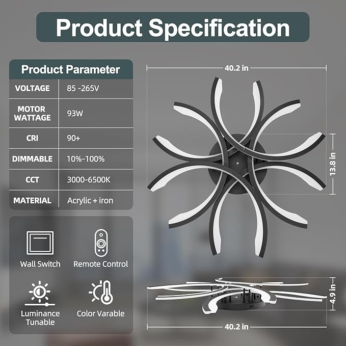 Modern LED Flush Mount Ceiling Light - 12 Lights Dimmable Close-to-Ceiling Fixture with Remote Control, 144W 3000K-6500K Adjustable Color Temperature for Bedroom, Living Room (Black)