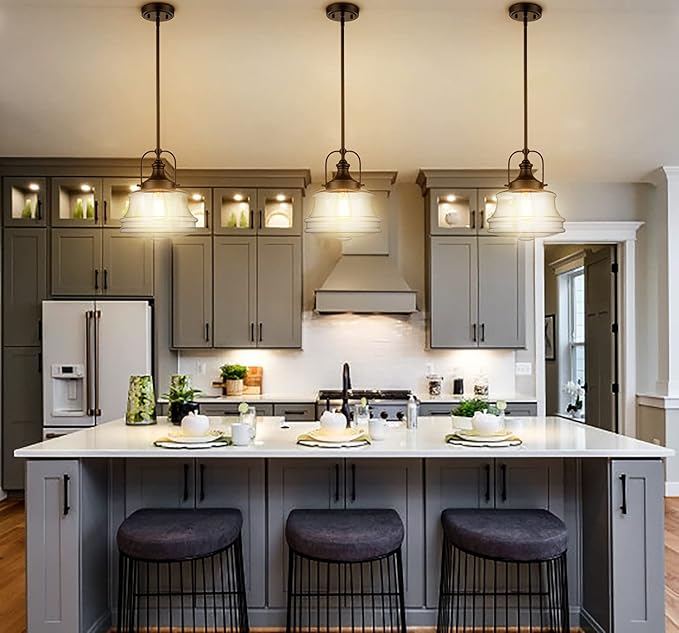 DEYNITE Industrial Black Pendant Light Milk White Glass Schoolhouse Hanging Light Fixture, E26 Dimmable Light for Kitchen Bar Dining Bathroom Bedroom