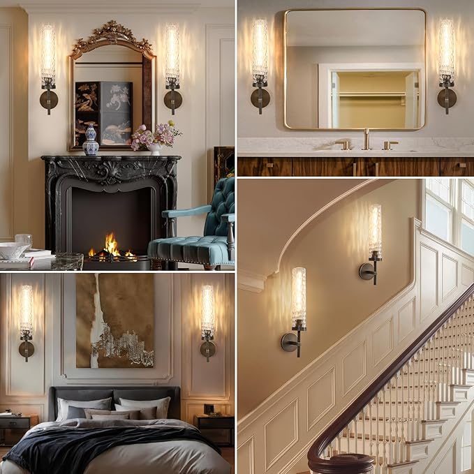 Bronze Wall Sconces Set of 2, 19.5" Brushed Brass Knurled Bathroom Wall Sconces with Water Ripple Glass Shade, Dimmable Indoor Vanity Wall Light Fixtures for Living Room Hallway Bedroom
