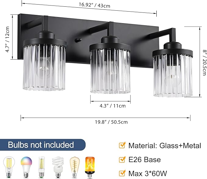 Modern Crystal Bathroom Light Fixtures, 3 Light Black Farmhouse Vanity Lights, with Crystal Glass Shade, Industrial Bathroom Lighting Fixtures Over Mirror Wall Light for Bedroom Living Room