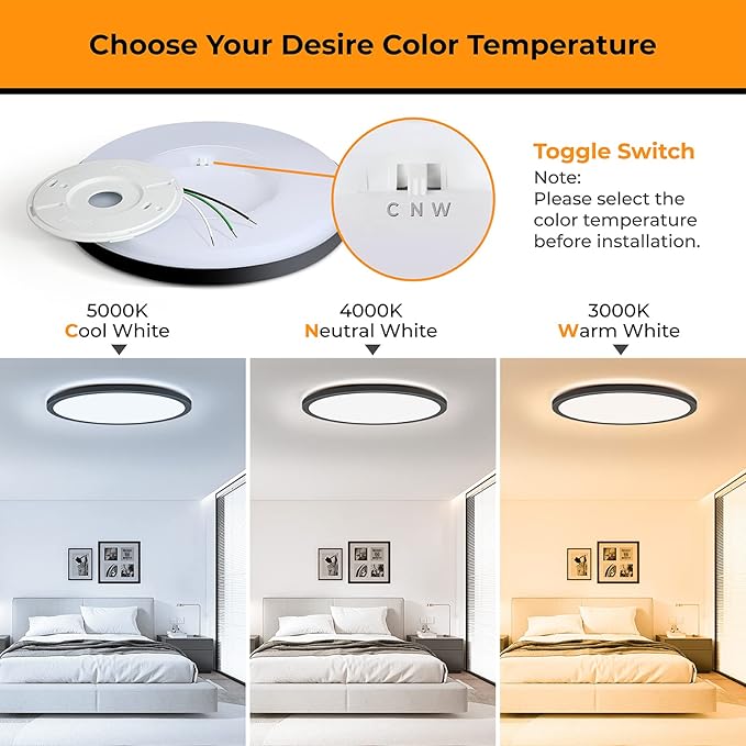 Matane 6Pack 12 inch LED Flush Mount Ceiling Light, 24W Ceiling Light Fixture 3000K/4000K/5000K Selectable, Low Profile Ceiling Lights for Bedroom, Living Room, Laundry, Black