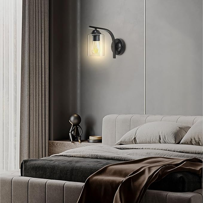 CANMEIJIA Wall Sconce 1 Light, Modern Wall Lighting Fixture, Bathroom Vanity Lights with Matte Black Wall Lamp for Bedroom Kitchen Hallway Porch, Clear Glass Shade, E26 Socket, Bulbs Not Included