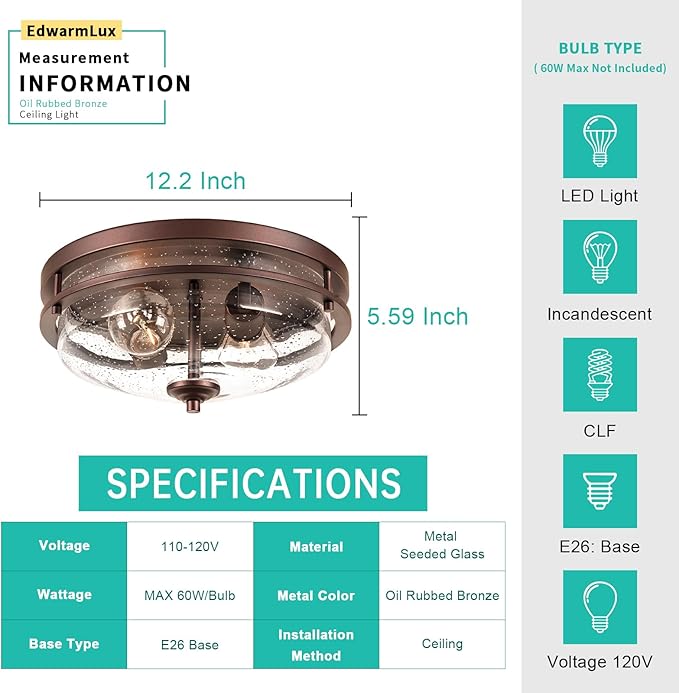 Edwarmlux Flush Mount Ceiling Lights, 2-Light Farmhouse Close to Ceiling Light, Industrial Ceiling Lighting Fixture for Kitchen Hallway Bedroom Living Room Stairways Porch (Oil Rubbed Bronze)