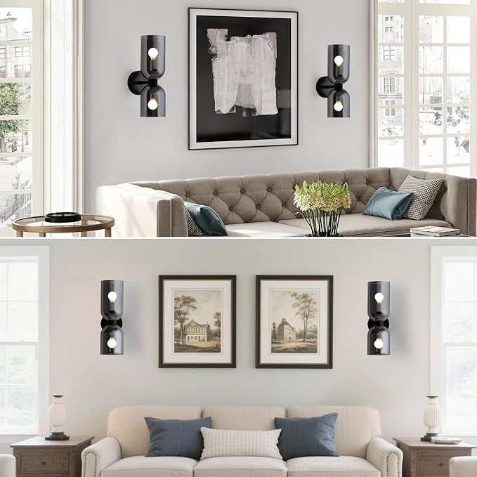 Modern Glass Wall Sconces- Double Head Wall Lighting with Long Short Glass Shades- Bathroom Vanity Light Mid-Century Up Down Hardwired Wall Lamp Indoor for Bedroom Hallway Living (Black-Gray)