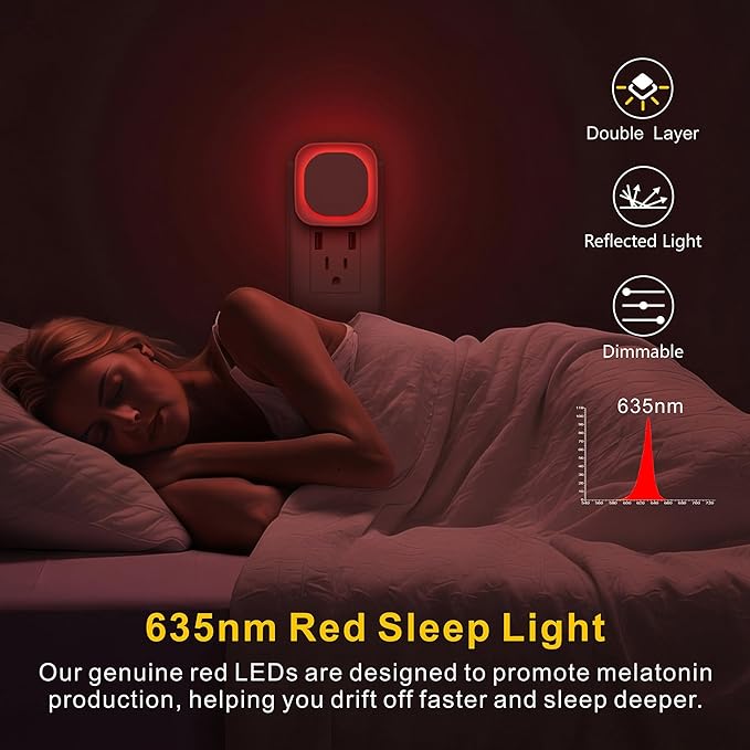 YUNLEX 4 Pack Red Night Light with Dusk to Dawn Sensor, Eye-Care Reflected Glow, 0% Blue Light True Red LED, 3-Level Brightness, Auto On/Off, Plug-in Nightlight for Sleep, Kids, Bedroom, Bathroom