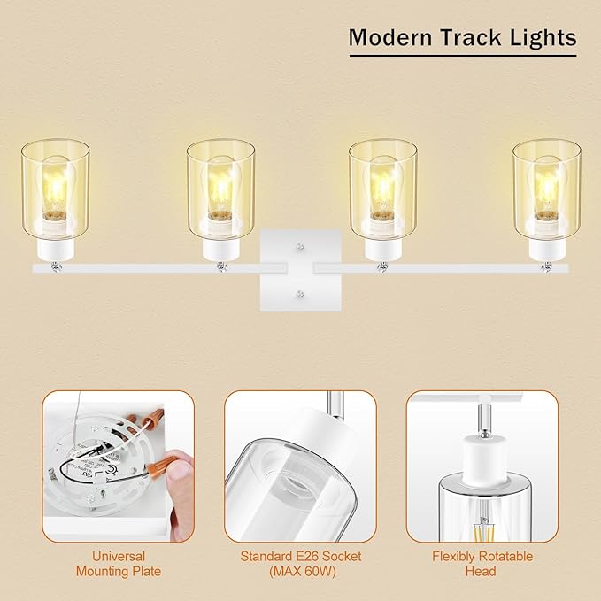 Track Lighting Fixtures Ceiling, 30" LED Track Lighting Kit Kitchen, 4-Light Ceiling Lights with Clear Glass Shade, White Modern Spotlight Light with Rotatable Head for Bathroom Vanity(E26, NO Bulb)