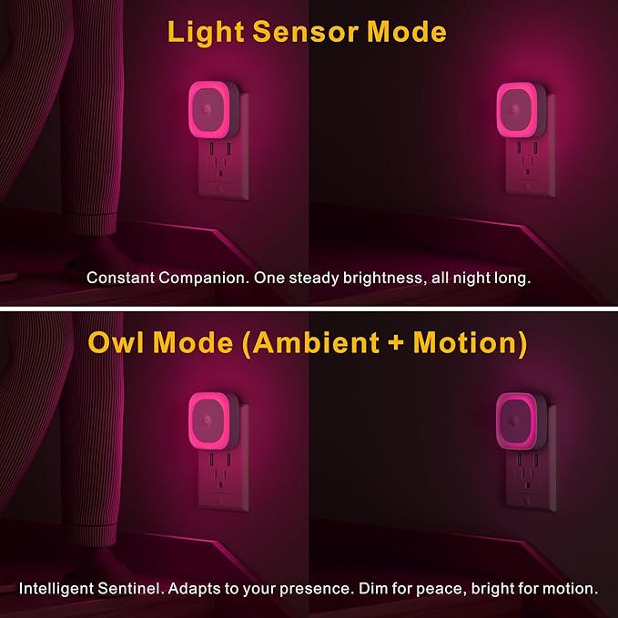 YUNLEX 2 Pack Plug in Night Light with Motion Sensor & Dusk to Dawn Sensor, Soft Pink Glow for Bedroom, Hallway, Girls Room, 3 Sensor Modes, Auto ON/Off, Dimmable Nightlight as Mother GIFS