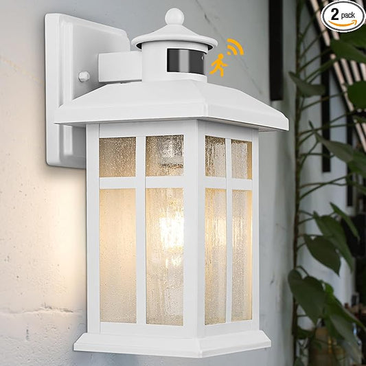 Brilvibera Dawn to Dusk Motion Sensor Wall Light Fixtures - White Wall Mount with E26 Sockets & Tempered Glass, Waterproof Outdoor & Indoor Lights for House, Porch, Garage, Door