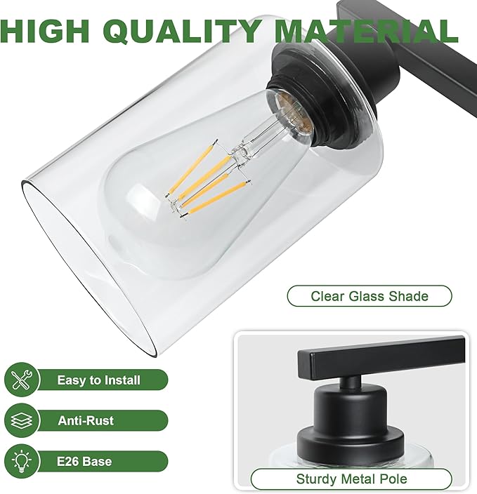 Ascher Bathroom Light Fixtures, 4-Light Vanity Lights with Clear Glass Shade, Modern Black Finish Wall Light for Mirror Bedroom Hallway Cabinet Porch