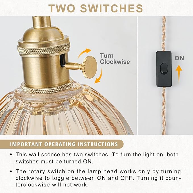 Plug in Wall Sconces Set of 2, Vintage Wall Sconce Light with Tulip Amber Glass Lampshade, Bedroom Wall Sconce with Switch and Plug in wall lamp Cord, Gold Wall Light Wall Decor Set of 2