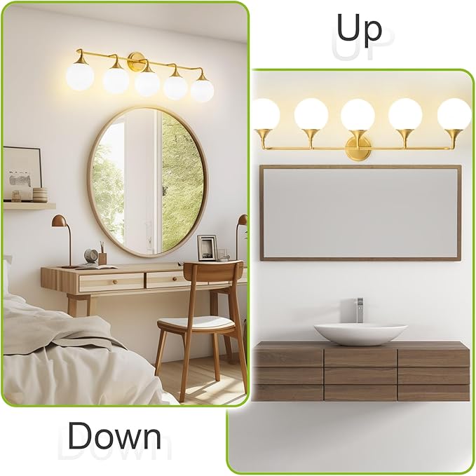 Gold Bathroom Light Fixtures, Modern Vanity Lights Over Mirror, Brushed Brass Wall Sconce Lighting 5-Light with Milky White Glass Ball Shades