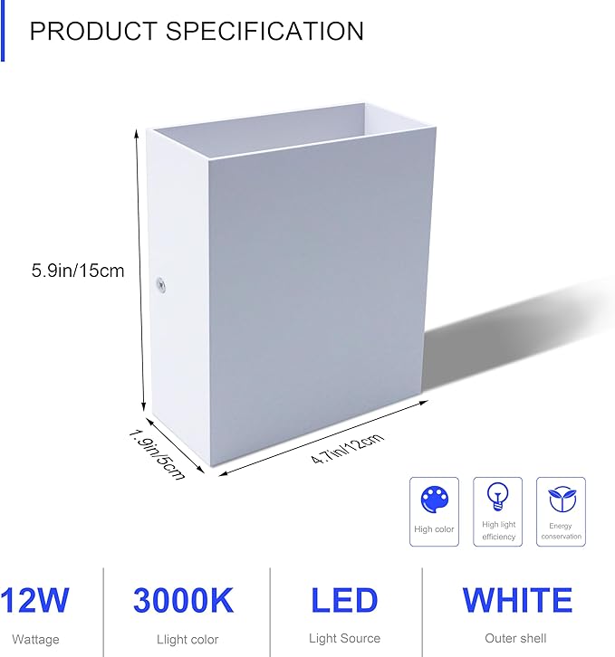 KICAAO LED Wall Sconces Set of Two, 12W Modern Wall Lamp, White Up Down Wall Mount Lights for Living Room Hallway Bedroom Decor, Hardwired Aluminum Wall lamp (White 3000K)