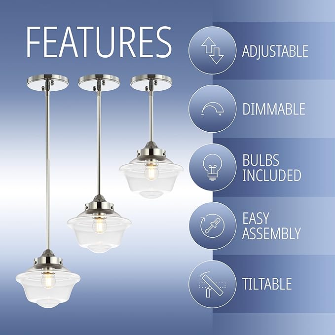 JONATHAN Y 7.25" Chrome Modern Schoolhouse LED Pendant Light Fixture, Adjustable Drop Metal Hanging Lamp with White Glass Shade for Kitchen Island, Dining Room, Foyer (JYL3516B)