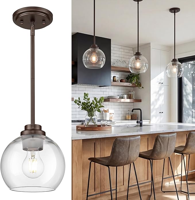 Pendant Lights Kitchen Island, 7" Oil Rubbed Bronze Hanging Lights Fixtures with Clear Glass Globe Shade, Modern Kitchen Island Lighting for Bathroom, AD-22280-1P-ORB