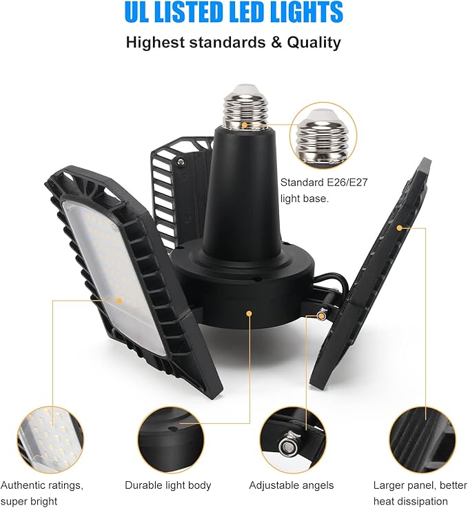 UL Certified LED Garage Lights Ceiling Lights, 6500 Lumens, E26/E27 Adjustable Ceiling LED Lights, 60W, Ultra Bright 5000K Natural Daylight White, Deformable Trilights, Adjustable Panel