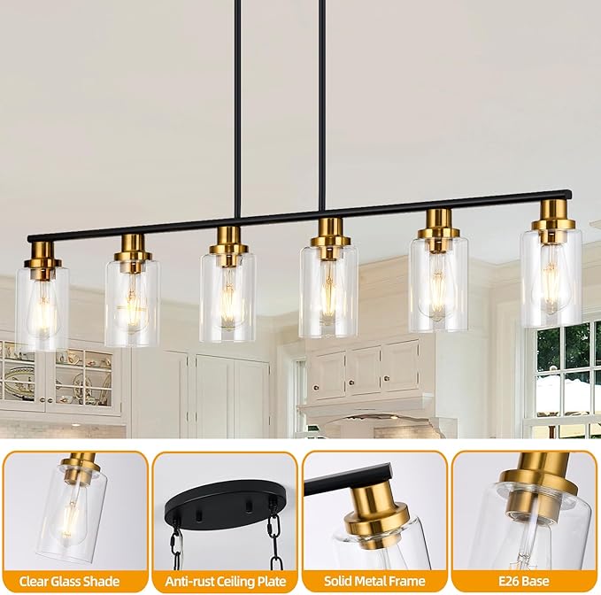 Island Light for Kitchen, 6-Light Farmhouse Dining Room Light Fixture with Clear Glass Shade, 44.3'' Matte Black and Gold Linear Chandelier Pendant Lighting for Dining Table Kitchen Living Room