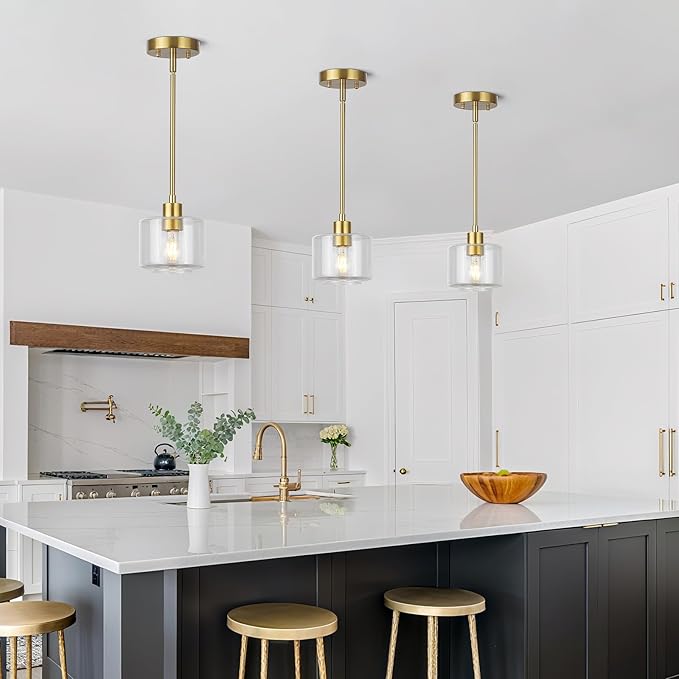 Brushed Gold Pendant Lights Kitchen Island 2 Pack, Modern Clear Glass Hanging Light Fixtures with Rods, Mini Kitchen Pendant Lighting Over Island for Sink Bathroom, OS-YQ8153-2PBGC