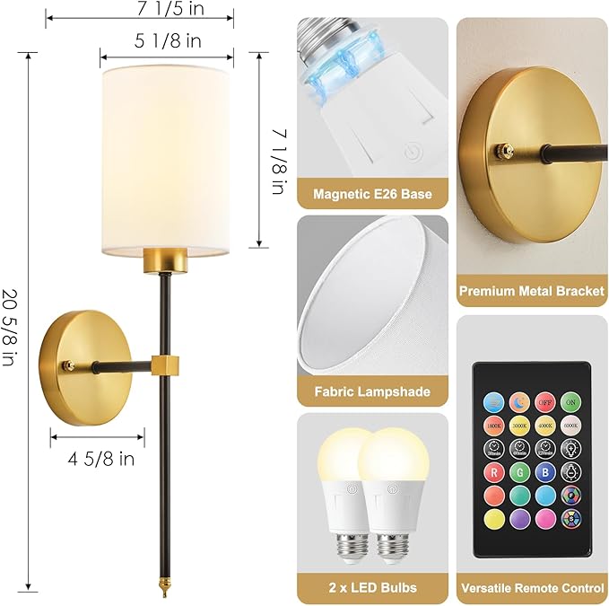 Battery Operated Wall Sconce Set of Two, Wireless Rechargeable Wall Light With Remote Control, Dimmable, 4 Color Temperatures, RGB, Timer, for Living Room,Bedroom,Entryway, Black Gold, 20.6 Inch