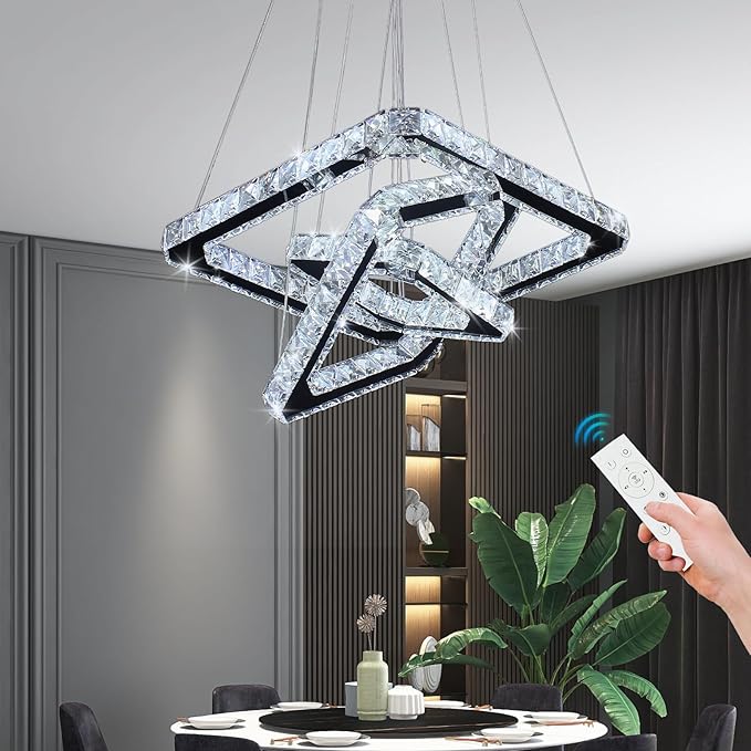 Modern Crystal Chandelier, Dimmable LED Pendant Light with Remote, Square 3-Ring K9 Crystal Chandelier, Height Adjustable 47W Hanging Light Fixture for Dining Room Living Room Bedroom Foyer