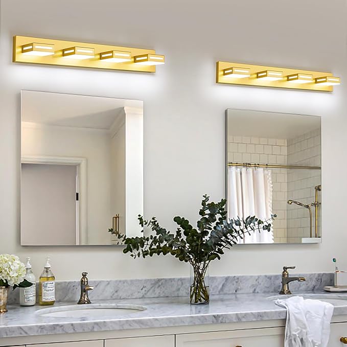 LED Modern Bathroom Light Fixtures, 4-Light 30-Inch Gold Vanity Lights for Bathroom Lighting Fixtures Over Mirror, 6000K Cool White 350° Rotatable Wall Lamp