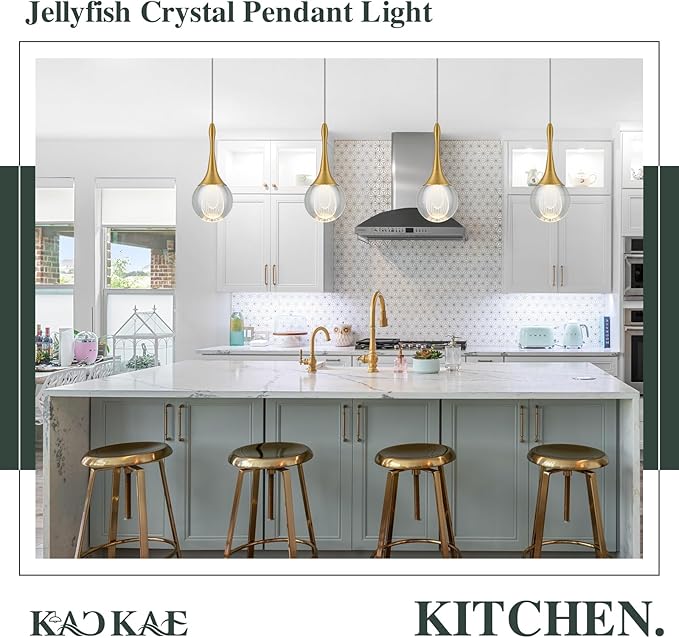 LED Pendant Light Kitchen Island Raindrop Crystal Pendant Lights Dimmable Gold Modern Hanging Light for Bedroom Bathroom Living Room 3000K Warm White, 1 Pack