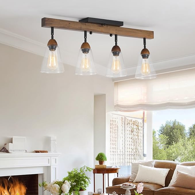 4-Light Large Rustic Farmhouse Wood Flush Mount Ceiling Light Fixture Clear Seeded Glass Shade and Oak Wood Track Semi Flush Mount Ceiling Light for Kitchen Living Room Bedroom Indoor, Black