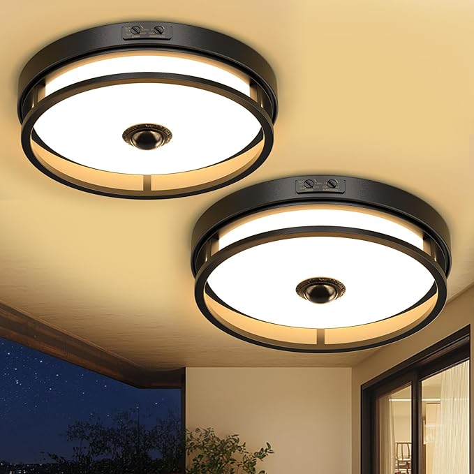 Motion Sensor Outdoor Ceiling Light, 12" Flush Mount LED Dusk to Dawn Porch Lights, Black Ceiling Lamp for Entryway, Garage, Hallway, 2 Pack