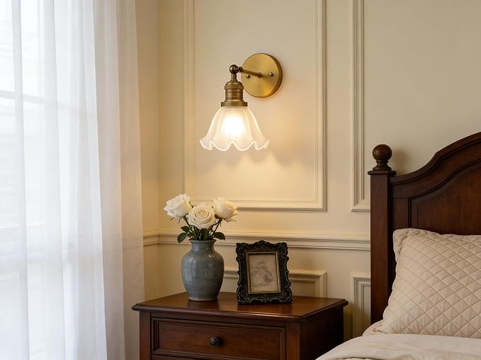 Phansthy Vintage Wall Sconces with Frosted Glass Lampshade 180 Degree Adjustable Brass Sconces Modern Glass Wall Lighting Fixture for Bedside Bedroom Doorway Bathroom (Antique)