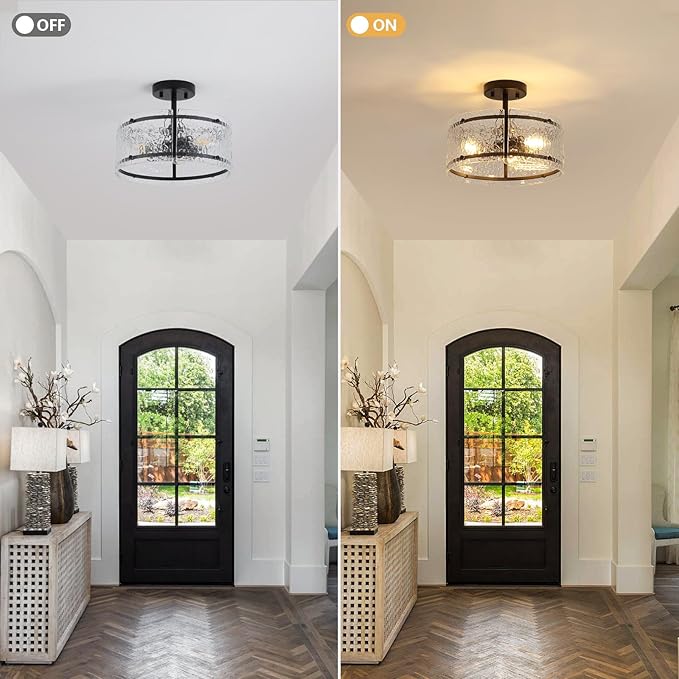 Black Semi Flush Mount Ceiling Light, 3-Light Foyer Lighting Fixtures, 12.6" Glass Hallway Entryway Ceiling Light Fixture for Dining Room Kitchen Bedroom Living Room