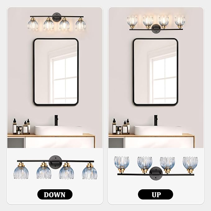 TALOYA Bathroom Vanity Light Fixtures, 4-Light Black and Gold Wall Lights for Mirror with Gradient Blue Tulip Glass Shades, Over Sink Lighting for Bedroom, Living Room, Hallway,Farmhouse