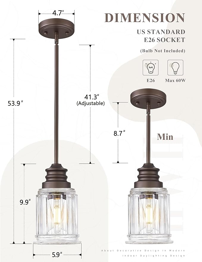 Modern Pendant Light 2Pack, HWH Adjustable Hanging Pendant Lighting in Oil-Rubbed Bronze Finish, Hanging Kitchen Lights with Bell-Shaped Fluted Clear Glass, 5HZG106MIL-2L ORB