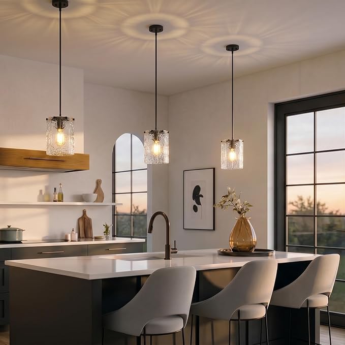 3 Pack Modern Black Pendant Light Over Kitchen Island, Hand-Made Water Ripple Glass Chandelier, Matte Black Adjustable Hanging Ceiling Light Fixture for Dining Room, E26 Base, 6" x 83"