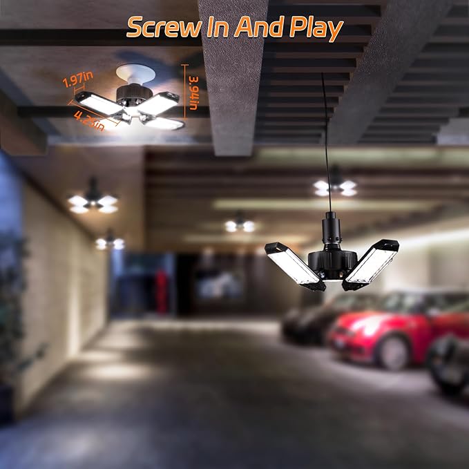 LED Garage Light - 120W Garage Lights Ceiling LED 12000LM with 4+1 Deformable Panels, Screw in Shop Lighting 6500K Fit for E26 E27 Bulb Socket, for Workshop, Barn, Basement, Attic, Bay