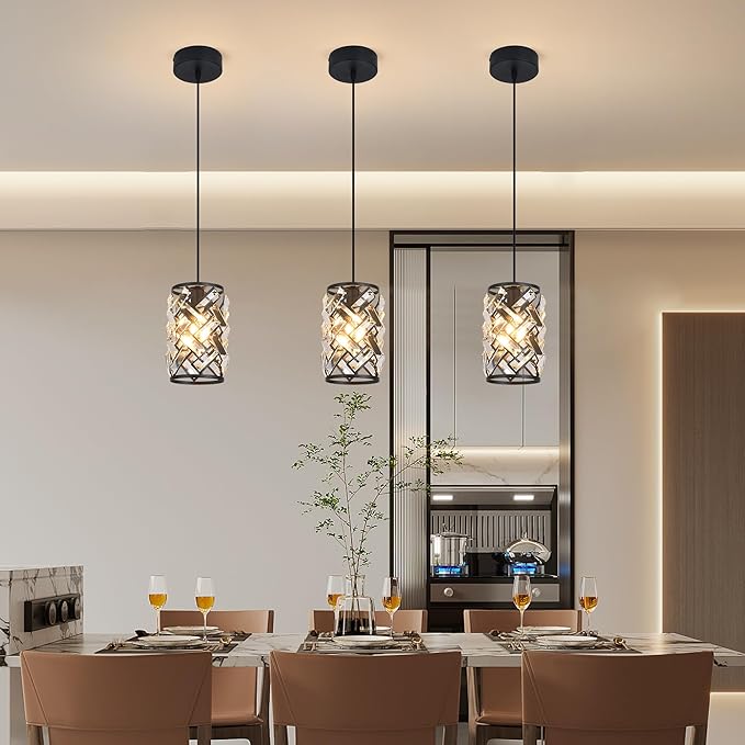 3 Pack Black Pendant Lights Kitchen Island, Kitchen Island Dining Room Light Pendant Lighting Fixtures High end Crystal Chandelier Over Island Table Modern Hanging Light for Bar Dining Room