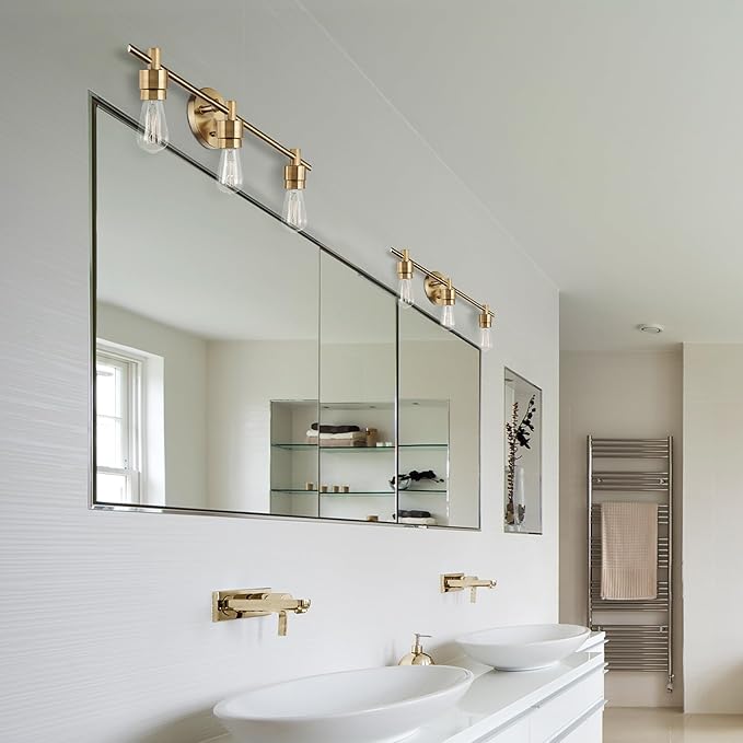 Globe Electric 51563 5-Piece Bathroom Accessory Set with 3-Light Vanity Fixture, Matte Brass Finish, Open Socket Design, Towel Bar, Towel Ring, Robe Hook, Toilet Paper Holder