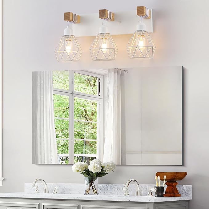 White Bathroom Vanity Light Fixtures, 3-Light Wood Bathroom Light Fixtures Over Mirror, Rustic Sconces Wall Lighting with Elegant Metal Lampshade for Living Room, Bedroom, Hallway