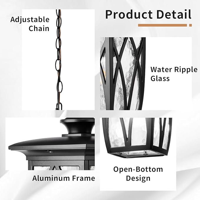 JYZ 2 Pack Outdoor Pendant Light Fixture, 12'' Exterior Hanging Lantern, Modern Black Metal Outside Chandelier Light Fixture Ceiling Mount with Water Ripple Glass & Adjustable Chain for Porch, Gazebo